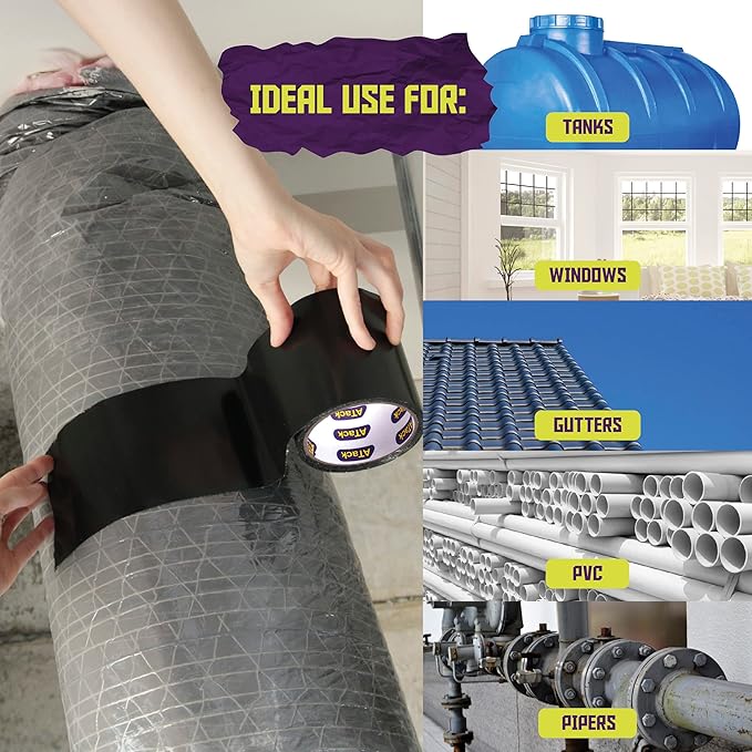 ATack Waterproof Patch and Seal Tape, Black, 4 Inches x 10 Feet, Water Barrier Tape for Stop Leak Repair on Pipes, Chimney, Roof, Boat, and HVAC