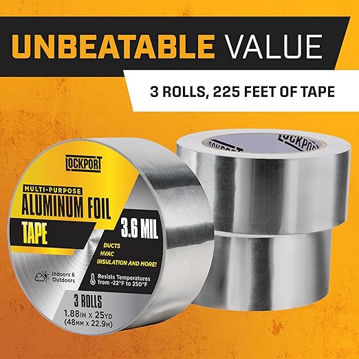 Lockport Aluminum Foil Tape 2" x225 ft - 3 Pack - Aluminum HVAC Tape - HVAC Duct Sealing, Dryer Vent, Heat Insulation & Ductwork Repairs - Heat Resistant, Waterproof, Professional Grade