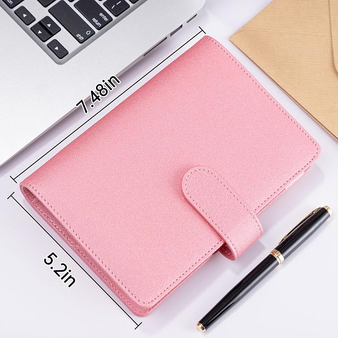 Antner A6 Notebook Binder Refillable 6 Ring Budget Binder Cover for A6 Refill Paper, PU Leather Budget Planner Organizer with Magnetic Buckle, Loose Leaf Personal Planner, Glitter Pink