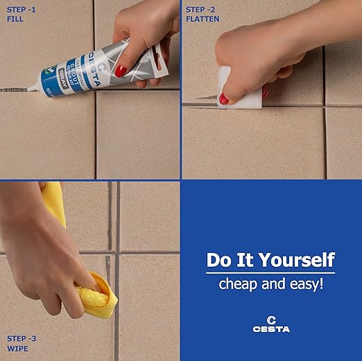 CESTA Tile Grout Repair Kit Squeeze Tube, Fast Drying, Waterproof Tile Grout Paint to Restore & Renew Tile Joints Line for Bathroom, Kitchen, Shower & Floor Tile (Grey, 8.8 oz)