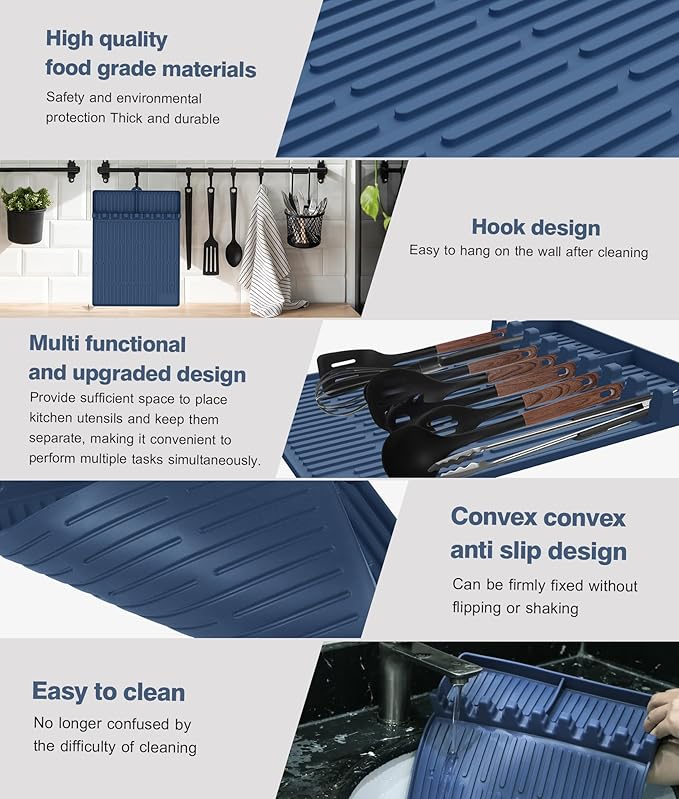 Silicone Grill Mat Compatible with Blackstone, BBQ Griddle Tools Mat with Drip Pad, Large Spatula Holder for Outdoor Kitchen Counter, Gifts for Men (Blue)