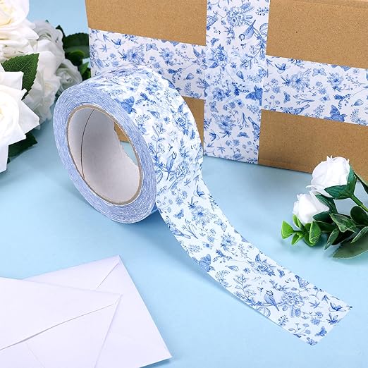 Whaline 109 Yard Spring Blue Floral Packing Tape Gift Wrapping Tape Vintage Chinoiserie Flower Bird Pattern Tapes for Small Business DIY Crafts Carton Decor