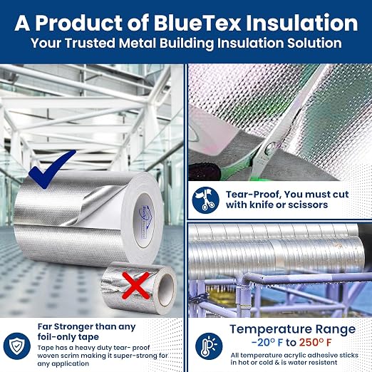 BlueTex Insulationㅤ HVAC Aluminum Foil Tape 6 inch x 150 ft (6 mil), Professional Grade Silver Duct Tape Metallic, Tear-Proof Woven HVAC Tape Heavy Duty, for Ductwork, Dryer Vent & Insulation - 1 Roll
