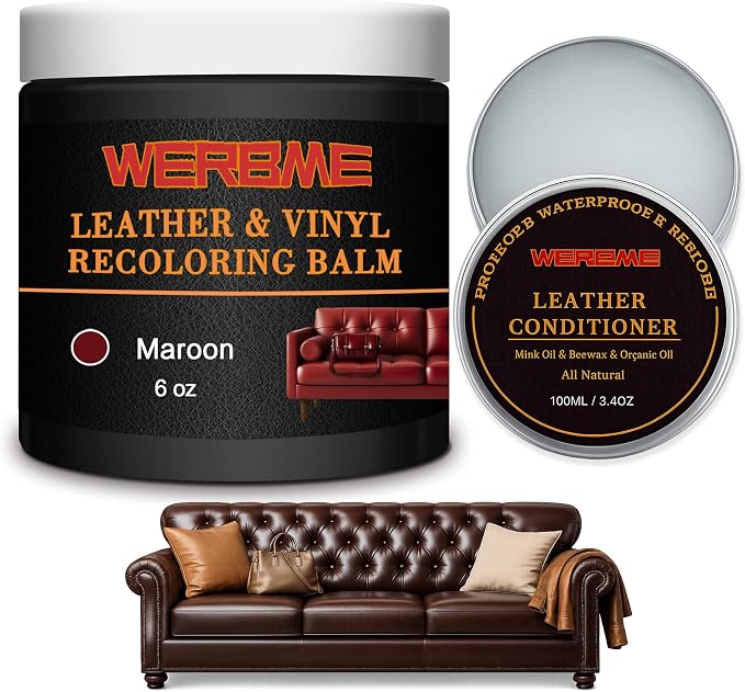 Leather Recoloring Balm & Mink Oil Leather Conditioner, Maroon | Restores faded leather, waterproof, scratch repair for couches, car seats, shoes & bags, Complete kit with mink oil & tools