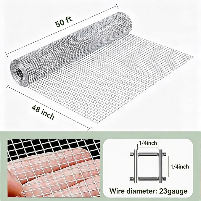 AMAGABELI GARDEN & HOME 48x50 Hardware Cloth 1/4 inch Square Galvanized Chicken Wire Welded Fence Mesh Roll Raised Garden Bed Plant Supports Poultry Netting Cage Wire Snake Fence