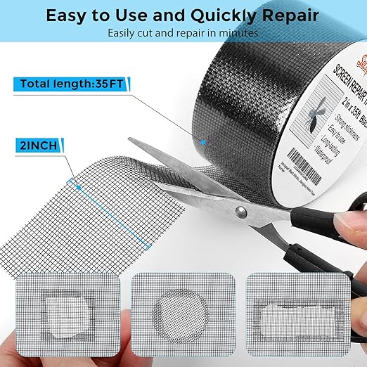 Secopad Black Window Screen Repair Tape, 2IN X 35FT (420IN) Screen Repair Kit for Windows or Doors, Strong Adhesive Patch Kit Fiberglass Mesh Tape