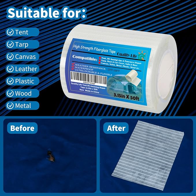RV Awning Repair Tape, Tent, Waterproof Tarp, Car Cover, Boat Covers, Sail Tape, Outdoor Umbrella Fiber Glass Repair Tape 3.15in