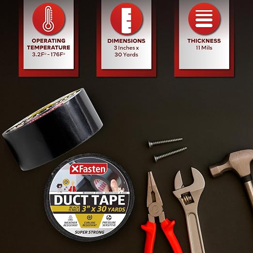 XFasten Super Strength Duct Tape, Black, 3" x 30 Yards, Indoor and Outdoor Duct Tape for School and Industrial Use- Waterproof and Weatherproof