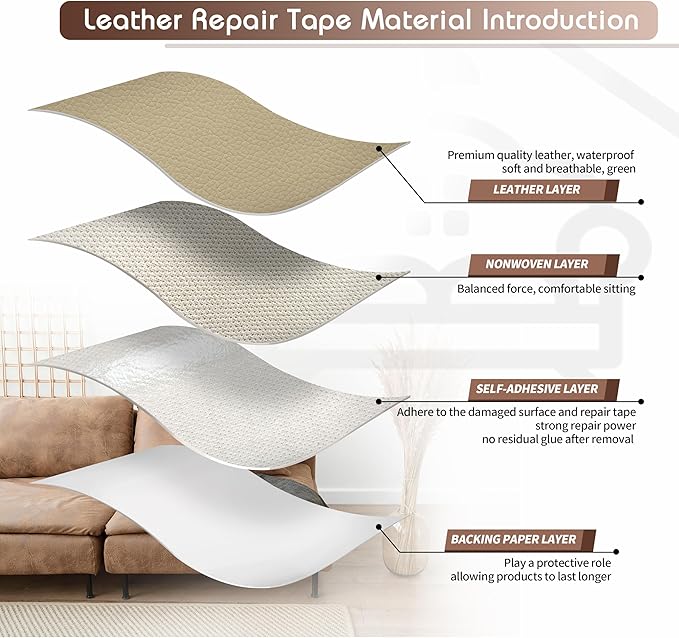 KING MOUNTAIN Leather Repair Patch,16 x 60 Inches self Adhesive Leather Repair Tape for Damaged Leather Furniture, Sofa Seating,Car Seats, Leather Goods（Medium Beige）