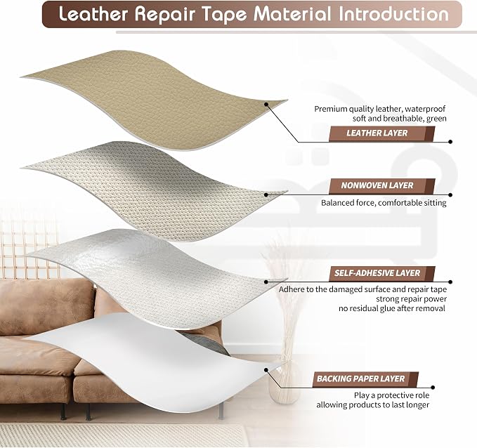 KING MOUNTAIN Leather Repair Patch,4 x 63 Inches self Adhesive Leather Repair Tape for Damaged Leather Furniture, Sofa Seating,Car Seats, Leather Goods（Medium Beige）