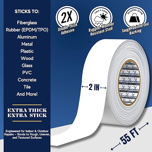 2 Pack Buck RV Roof Sealant Tape – 2 Inch x 55ft, 40 Mil – Waterproof RV Tape for Roof Repair, Seams, Skylights, Vents & Window Leaks on Camper, Trailer & Boat, UV Resistant & Weatherproof, White