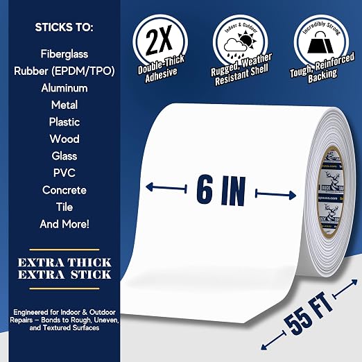4 Pack Buck RV Roof Sealant Tape – 6 Inch x 55ft, 40 Mil – Waterproof RV Tape for Roof Repair, Seams, Skylights, Vents & Window Leaks on Camper, Trailer & Boat, UV Resistant & Weatherproof, White