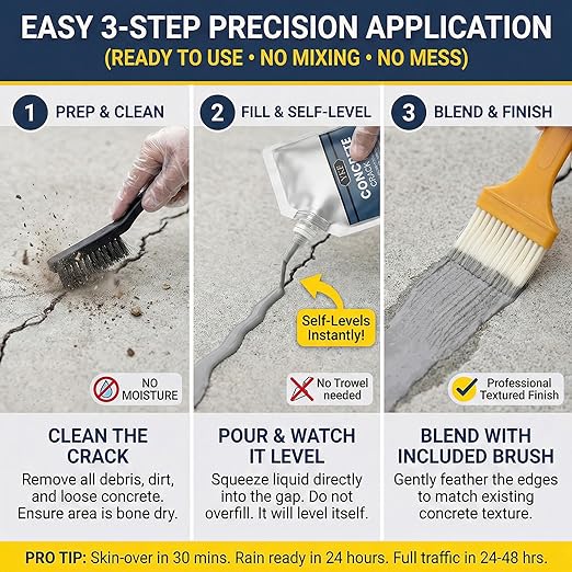 YKF Concrete Crack Filler 4-Pack (4.4 lbs) - Self-Leveling Liquid Cement Sealant for Driveways & Garage Floors - Waterproof, High Elasticity Bulk Repair Kit - Gray