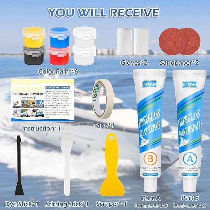 Marine Fiberglass Repair Kit for Boats, Gel Coat Kepair kit for Boats, Epoxy Filler for Repairs Cracks, Scratches, Debris, Holes, Gaps, Suitable for Fiberglass, Acrylic, Porcelain 100g-1.76oz