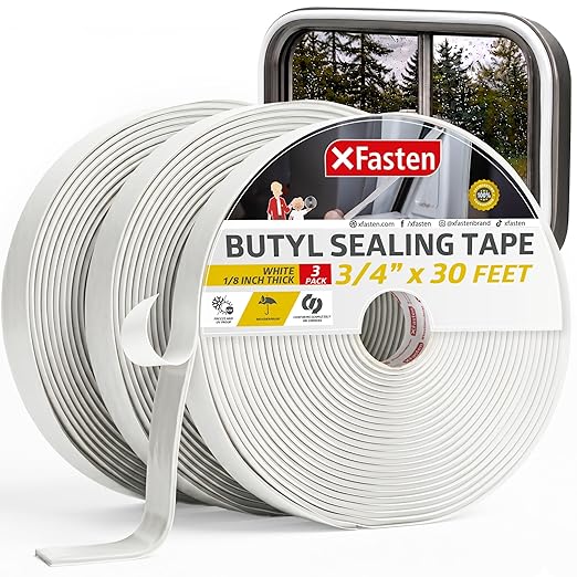 XFasten Butyl Putty Tape, White, 1/8" x 3/4" x 30' (3-Pack) EDPM Butyl Rubber Sealant, Stretchable Camper Butyl Tape, Pool, Headlight and RV Sealant