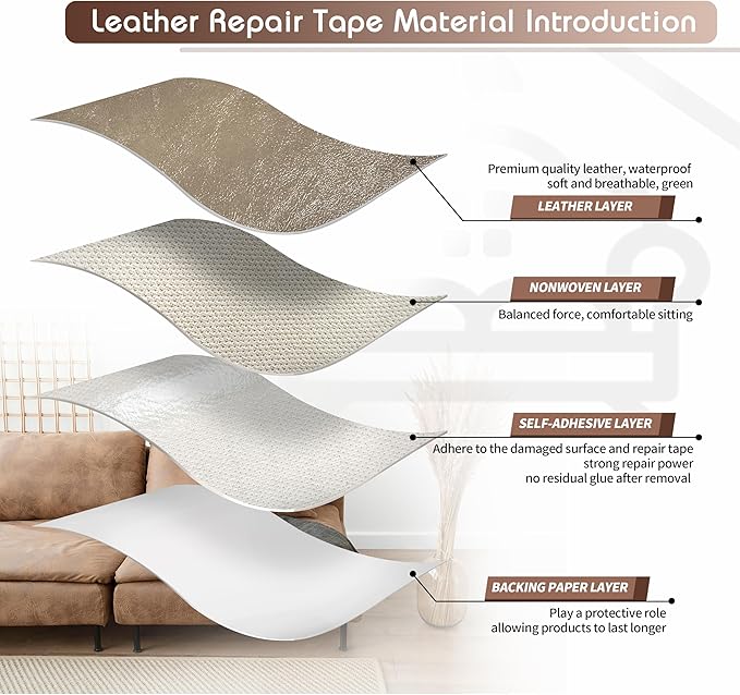 KING MOUNTAIN Leather Repair Patch,2 Packs 9 x 11 Inches self Adhesive Leather Repair Tape for Damaged Leather Furniture, Sofa Seating,Car Seats, Leather Goods（Khaki）