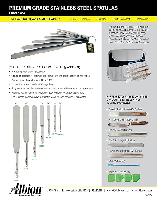 Albion Engineering Original 958-G01 Streamline Flexible Caulk Spatula 7-Piece Set