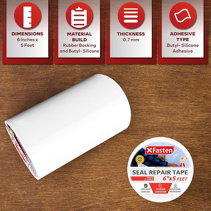 XFasten Waterproof Patch Seal Repair and Leak Shield Tape, White, 6-Inch x 5-Foot, Weatherproof Water Barrier Tape for Chimney, Roof, Boat, and HVAC Hose Repair