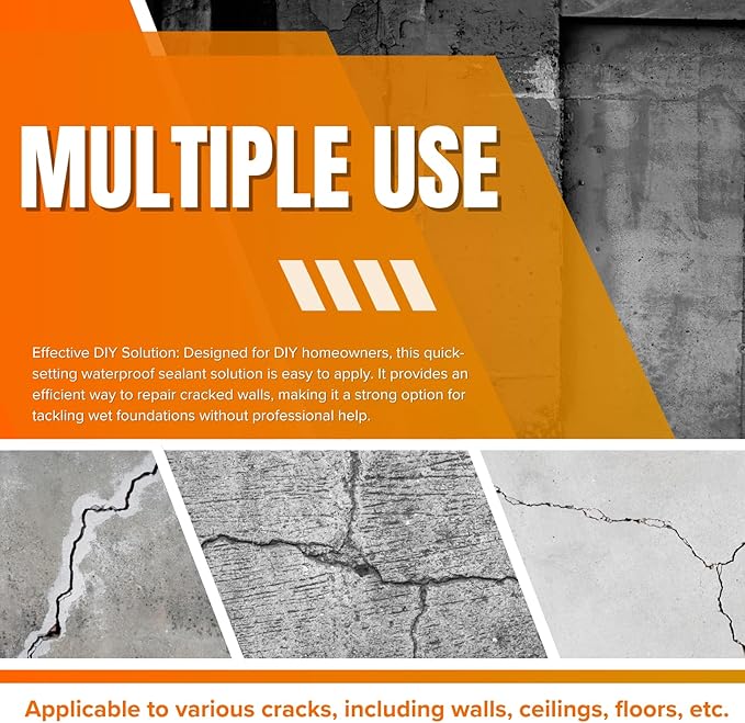 Concrete Foundation Crack Repair Kit, with Automatic Injector, High Performance, Filler for Wall Cracks, Stops Water Leaks & Radon Gas, Drill-Free, Quick-Setting Waterproof Sealing Solution
