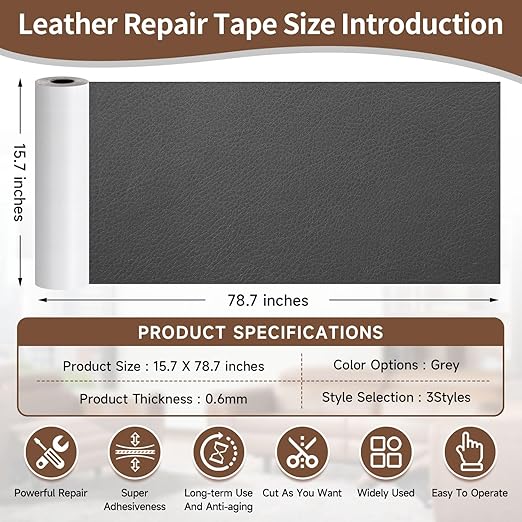 Leather Repair Tape, self-Adhesive Leather Repair Patch, for car seat Repair, Suitable for Sofas, Furniture, Seats, Strong Adhesive Leather Repair Tape (Gray, 15.7 x 78.7in)