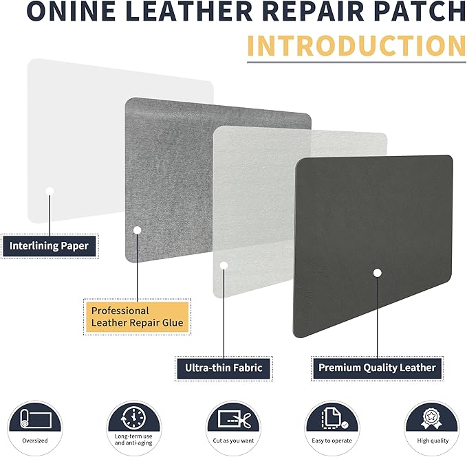 ONine Leather Repair Patch，Leather Repair Tape, 12 x 48 inches Leather Repair Patch for Furniture,Vinyl Repair Kit，Leather Couch Patch，for Sofas, Furniture, Car Seats, Office Chairs(Gray)