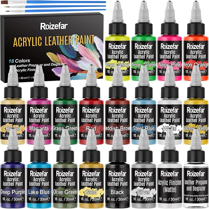 Roizefar Acrylic Leather Paint, Ultimate All-in-One 20 x 30ml Kit with Deglazer & Finisher, 18 Colors Flexible & Waterproof Leather Dye for Shoes, Bags, Jackets, Sneakers, Couches, Car Seats, Sofa