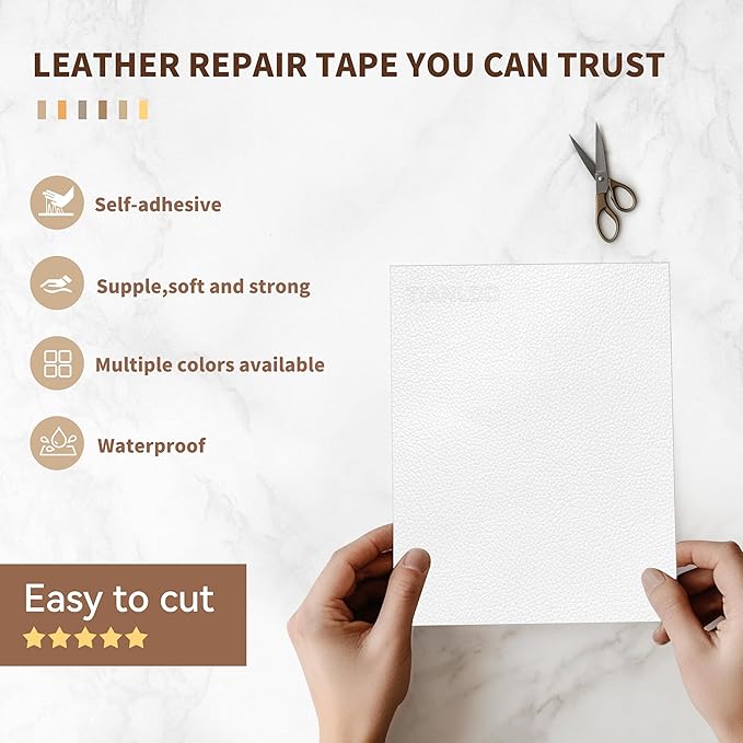 TIANLDD Leather Repair Tape,16 x 80 Inches Self Adhesive Leather Repair Patch，Leather Repair Kit for Furniture，Couches,Car Seats,Cabinets,Handbags(White-Litchi Grain)