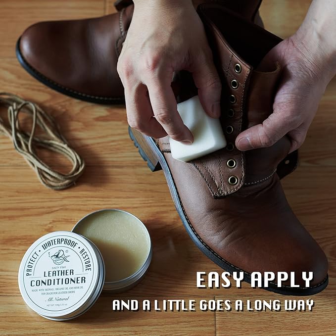 SALTY FISH All-Natural Leather Conditioner and Cleaner,Made with Mink Oil Beeswax,Protect Soften Waterproof Leather Furniture,Car Seats,Shoes,Boots,Bags (3.53 Oz)