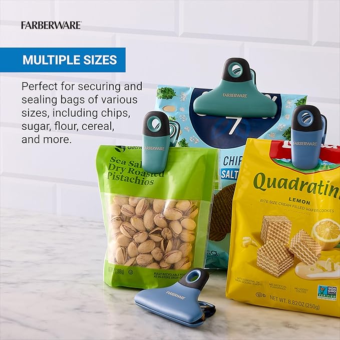 Farberware Pro 4-Piece Bag Clip Set (Blue & Green) - Durable Magnetic Clips for Kitchen Essentials, Pantry Accessories, Food Storage, Office Notes, Coupons, Home Organization