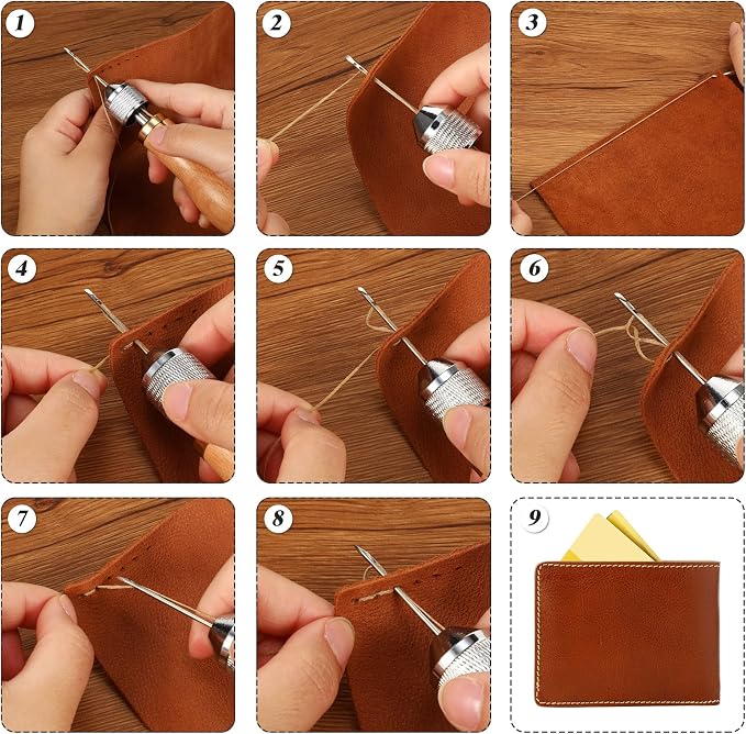 WILLBOND 12 Pcs Leather Sewing Awl Kit Hand Stitcher Including Handheld Sewing Repair Awl Straight and Bent Needles and 8 Rolls Waxed Threads with Small Screwdriver for DIY Craft