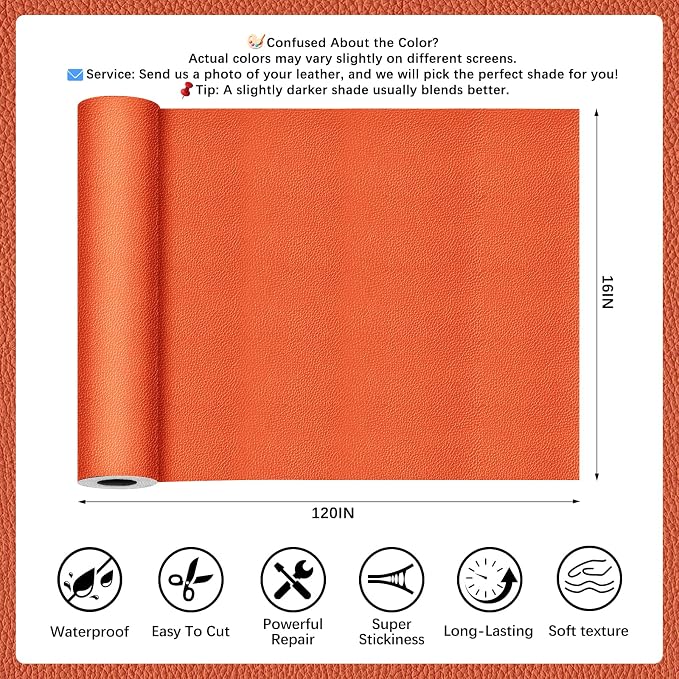 Orange Leather Repair Tape, 16x120 Inch Leather Repair Patch Self-Adhesive, Waterproof Faux Leather Patch, Vinyl Repair Tape for Couch, Sofas, Furniture, Office Chair, Car Seats