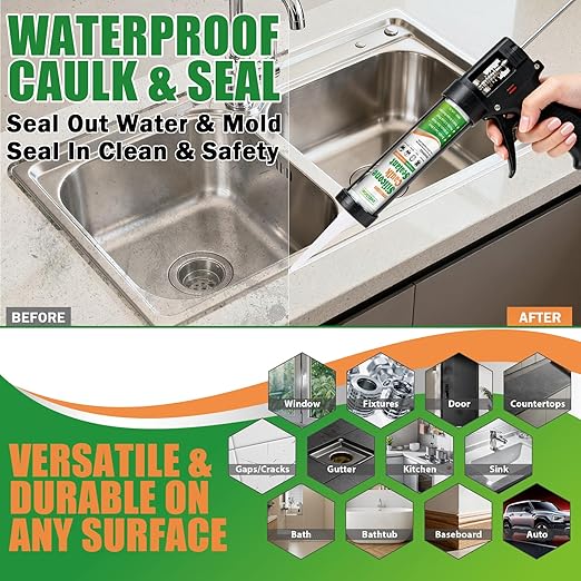 SHIELDOM Silicone Caulk for Kitchen & Bathroom, Clear Silicone Sealant 100% Waterproof Caulk & Seal with Caulking Tool Stronger Adhesion, Shrink & Crack Proof All Purpose for Window, Door & More 14 oz