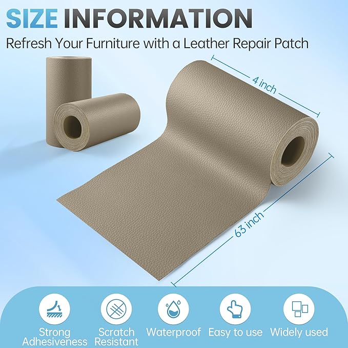 Leather Repair Patch Tape Kit, 4" x 63" Self Adhesive Leather Repair Patch for Furniture, Vinyl Leather Repair Kit for Car Seat, Chairs, Couch, Sofa, Boat Grey Khaki