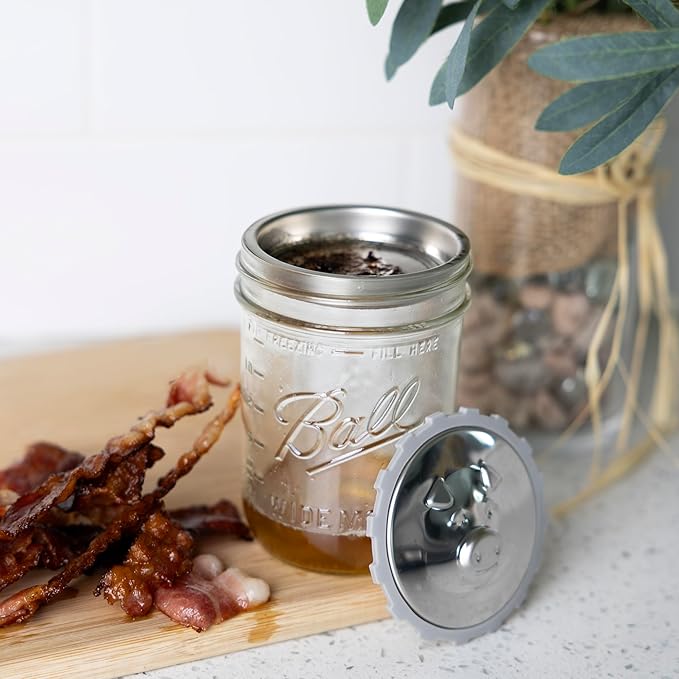 Jarware Stainless Steel Kitchen and Bacon Grease Strainer Lid For Wide Mouth Mason Jars, 3.38" x 1" Grease Keeper Lid