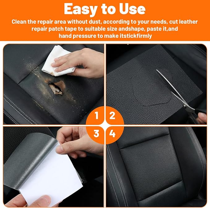 6 PCS 8×4 Inch PU Leather Patch for Car Seat Repair, Self-Adhesive Leather Repair Patch Tape, Vinyl Portable Car Leathers Repairs Kit for Upholstery, Furniture, Couch, Sofa, Cars Seats (Black)