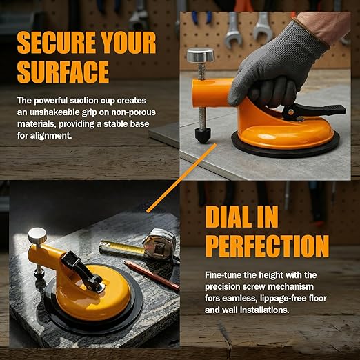 2026 Floor Gap Fixer Tool, Professional Adjustable Height Setter with Heavy-Duty Rubber Suction Cup & 2 PCS Sticky Pads, Tile Leveling System for Installation, Repair & Precise Seam Alignment (Yellow)