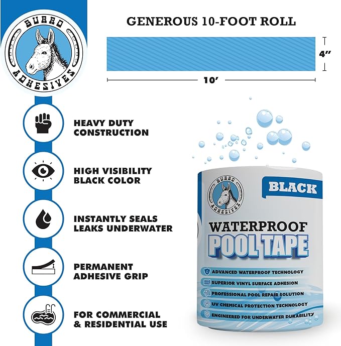 Burro Adhesives Professional Waterproof Black Pool Tape 4" x 10' – Heavy Duty PVC Vinyl Pool Repair for Underwater & Dry Applications, Dark Liners & Plumbing, Instantly Seals Leaks