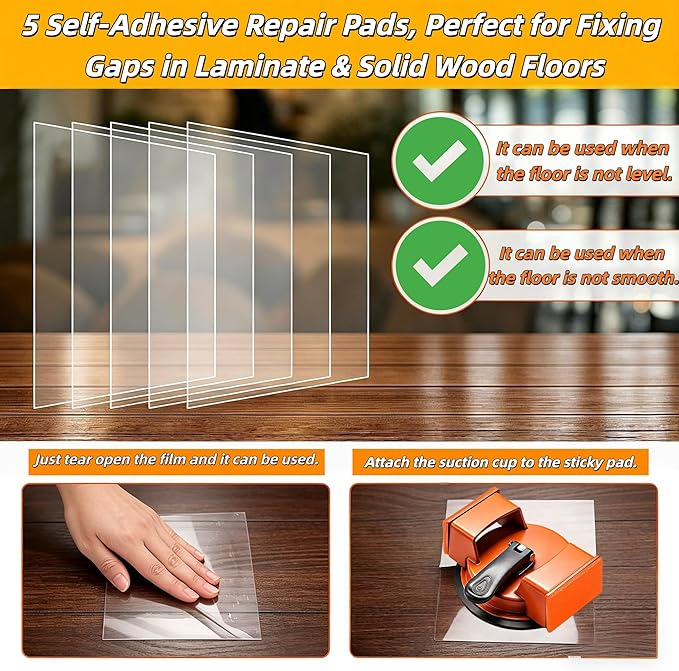 Heavy Duty Floor Gap Fixer Tool, Iron Construction with Enhanced Suction Cup & 5 Sticky Pads, Perfect for Laminate & Solid Wood Floor Gap Repair