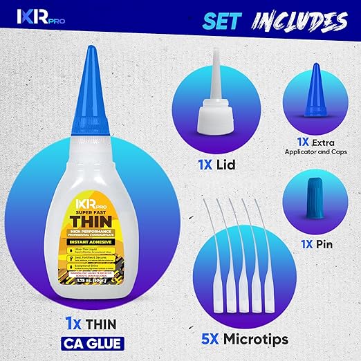 CA Glue Thin Viscosity Kit, 1.75 oz. Cyanoacrylate Glue, Super Glue for Precision Repairs, Wood, Plastic, Model Building, Crafts, and 3D Printing, Fast-Drying Adhesive for Tight Spaces and Cracks