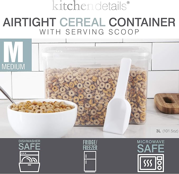 Kitchen Details Cereal Container with Scooper | Medium | Airtight | Food Tin | Keeps Fresh | Kitchen & Pantry Storage Organizers | Clear (Pack of 2)