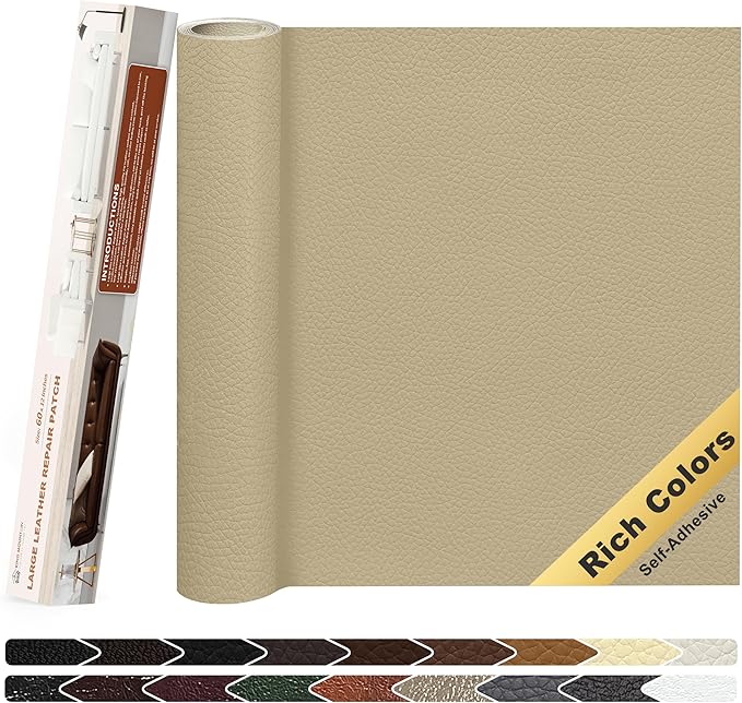 KING MOUNTAIN Leather Repair Patch,12 x 60 Inches self Adhesive Leather Repair Tape for Damaged Leather Furniture, Sofa Seating,Car Seats, Leather Goods（Medium Beige）