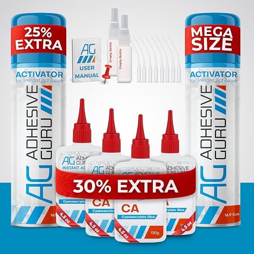 Adhesive Guru CA Glue with Activator Kit (4x4.5 oz + 2x16.9 fl.oz) Professional Cyanoacrylate Adhesive and Super Glue Accelerator for Woodworking with Extra Caps&Microtips, DIY&Craft, Plastic, Repair