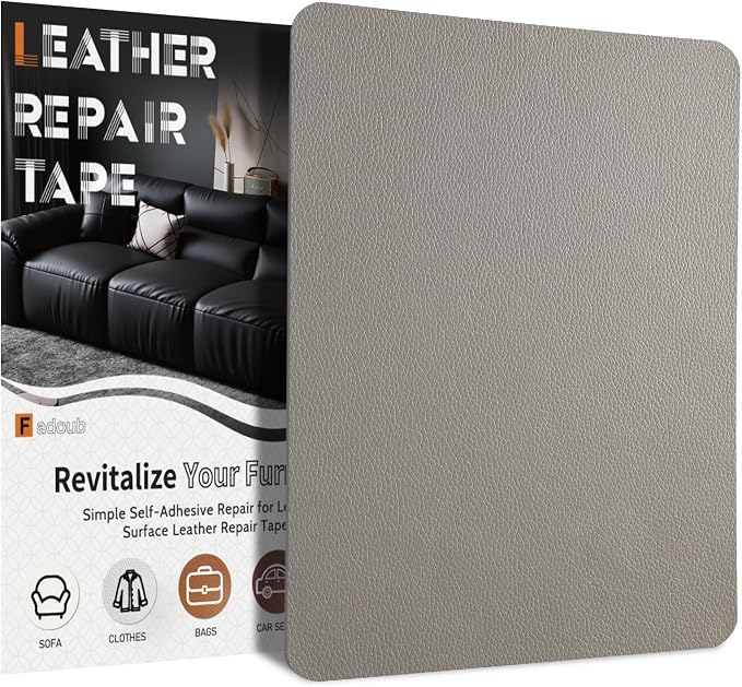 Fadoub Leather Repair Patch Tape Self-Adhesive, 8x11In Heavy Duty Vinyl Patch, Leather Repair Kit for Furniture, Sofa, Couch, Office Chair, Car Seat, Car Interior(Light Gray)