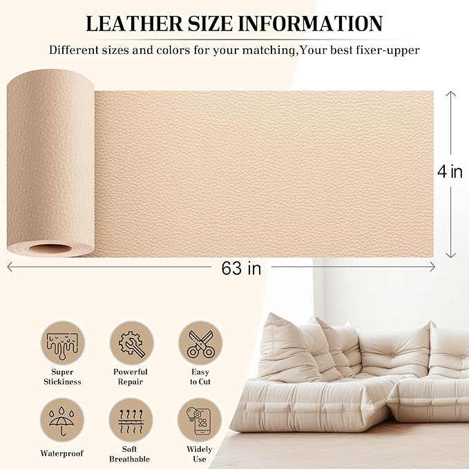YAFLC Self Adhesive Leather Repair Tape Kit, 4"x 63" Leather Repair Patch for Furniture, Leather Repair Patch for Car seat, Sofas, Couch, Boat Seat Beige Yellow