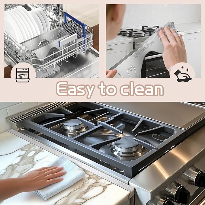 Stainless Steel Stove Gap Covers, 2 Pack Extendable Stove Gap Filler 13.8"-27.5", 0.79" Wide, Deep-Lock Heart Clips, Heat Resistant Range Trim Kit for Kitchen Counter Gaps, Silver