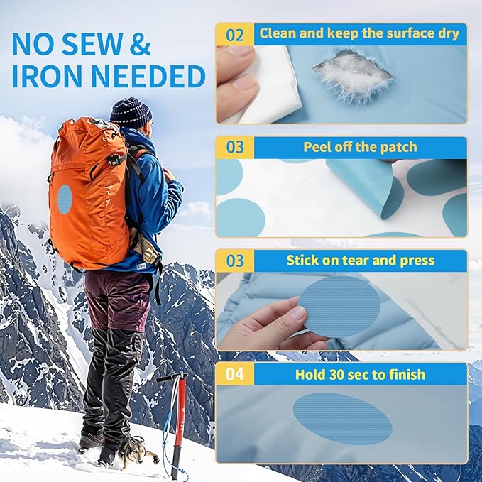 Waterproof Nylon Fabric Repair Tape Tent Repair Kit, 4pcs Outdoor Gear Tenacious Fix Tape, Self-Adhesive Fabric Patches for Clothes, Down Puffer Jacket, Tent, Sleeping Bag, Backpack, SkyBlue