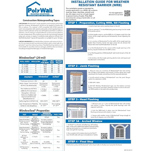 POLYGUARD WindowSeal Window and Door Flashing Tape, 6 in x 100 ft Roll, 20 mil Thick, Self-Sealing & Self-Adhering Waterproof Barrier, Pack of 2