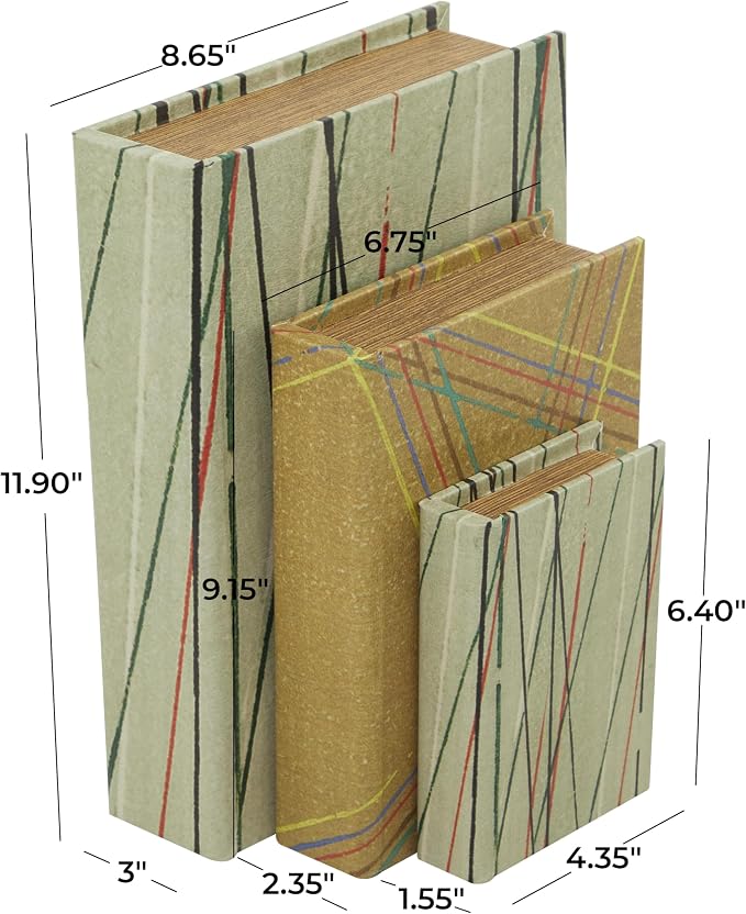 Deco 79 Faux Leather Abstract Decorative Box Faux Storage Book Book Shaped Boxes with Colorful Linear Patterns, Set of 3 Decorative Keepsake Boxes 12", 9", 6"H, Green