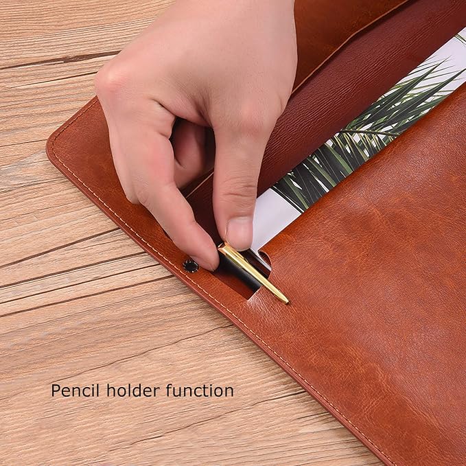 PU Leather A4 File Folder Document Holder Envelope Folder Case with Snap Closure for Receipt Contract Brown