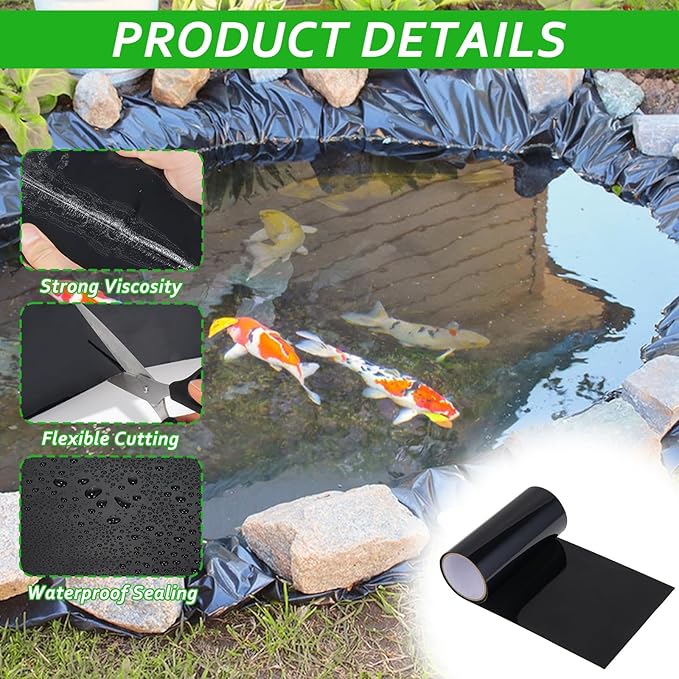 60”x 8” Pond Liner Seam Tape Single Sided PVC Waterproof Adhesive Tape for EPDM Liners Waterproof Pond Repair Kit Thickened Peel and Stick Seam Tape for Outdoor Roof Garden Cover Patch Repair